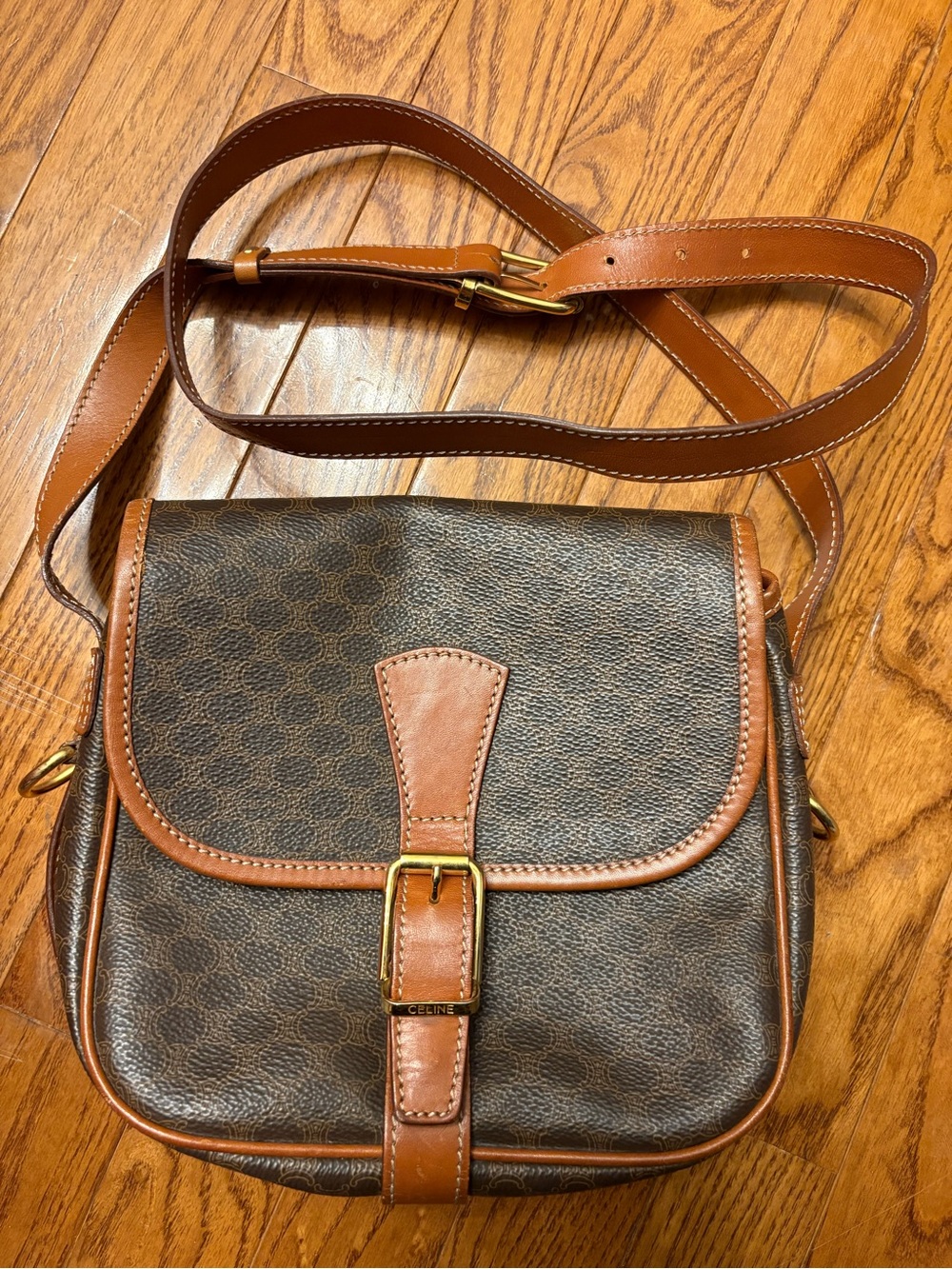 VTG Celine Macadam Pattern Buckle Snap Flap Shoulder Bag Leather Interior